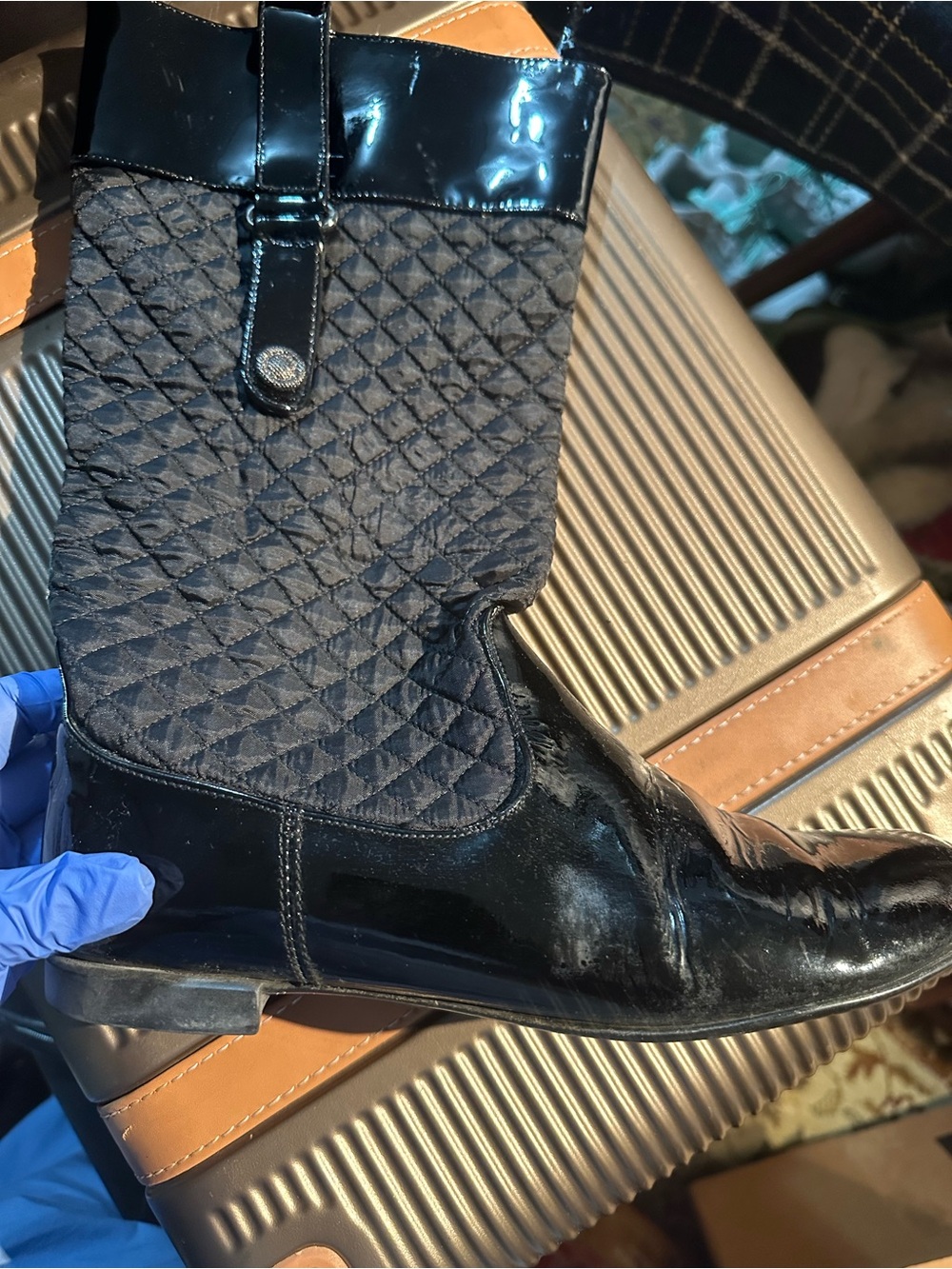 Men's Black Quilted Patent Leather Mid-Calf Boots